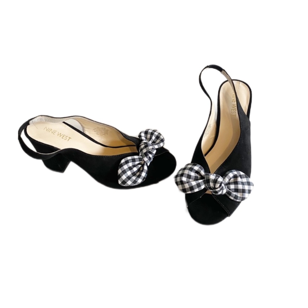 Nine West Gingham Bow Black Open Toe Slingback Block Heel Sandals